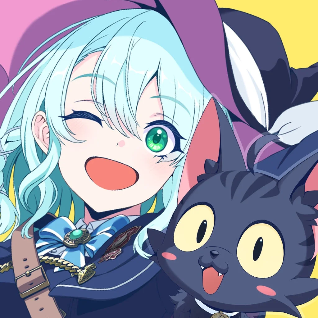 青い髪の可愛らしいアニメ風の女の子がウィンクして笑顔を見せています。隣には大きな黄色い目の黒猫のような生き物が口を開けており、全体的に明るく楽しそうな雰囲気のイラストです。
