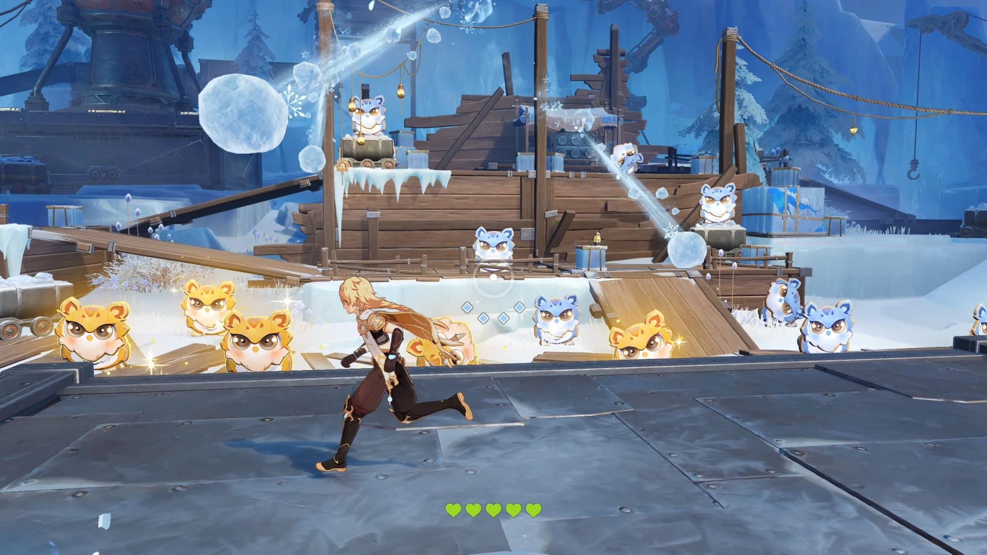 雪と氷に覆われた冬のフィールドでミニゲームに挑戦している場面