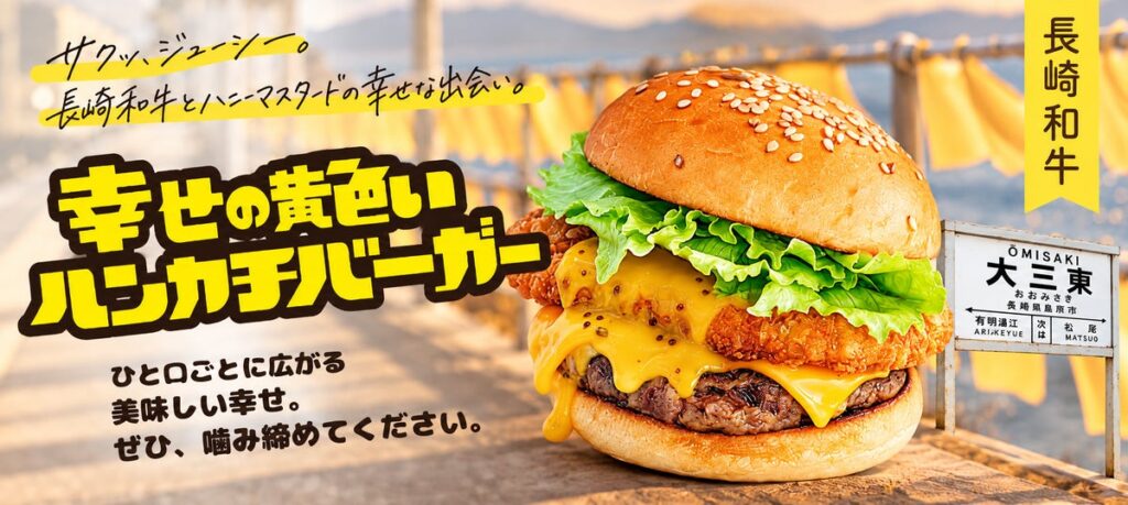 【長崎・島原】大三東駅の「幸せの黄色いハンカチ」がハンバーガーに！「幸せの黄色いハンカチバーガー」10月19日よりトミーズ島原店にて販売開始